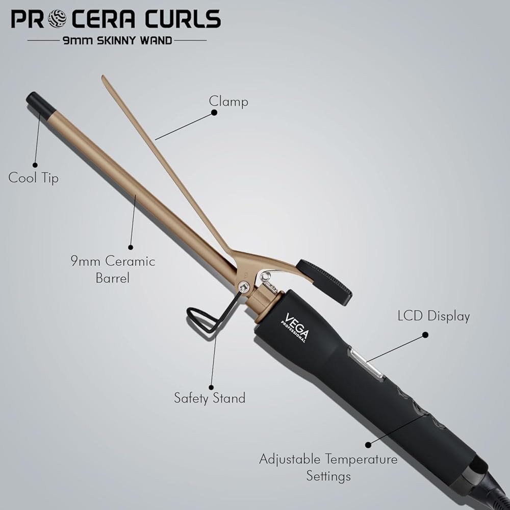 VEGA Professional Pro Cera Curls 9mm Skinny Wand Hair Curler - VPMCT07