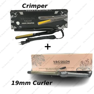 V & G Saloon Professional Hair Crimper Gold Plated And Curler 19MM Combo