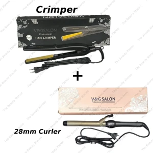 V & G Saloon Professional Hair Crimper Gold Plated And Curler 28MM Combo